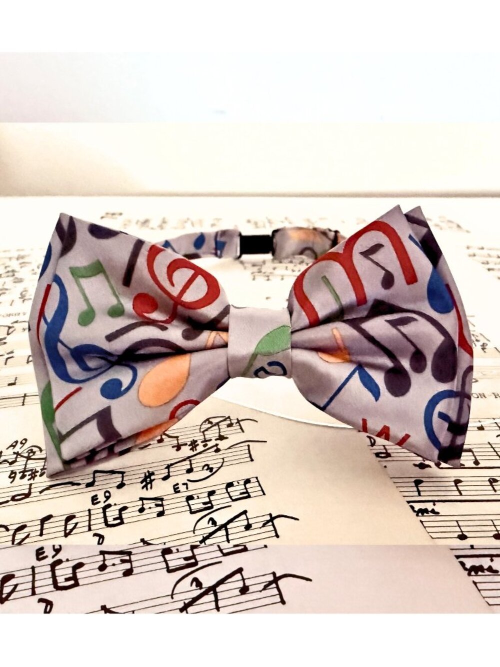 Music Notes Bow Tie Adjustable Gray with Rainbow Notes Concert Attire